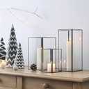 Set of 3 Square Glass Hurricane Candle Holders, Clear Glass Framed in Black-Finish Brass, Great for Home Decor and Wedding,Holiday Decor.
