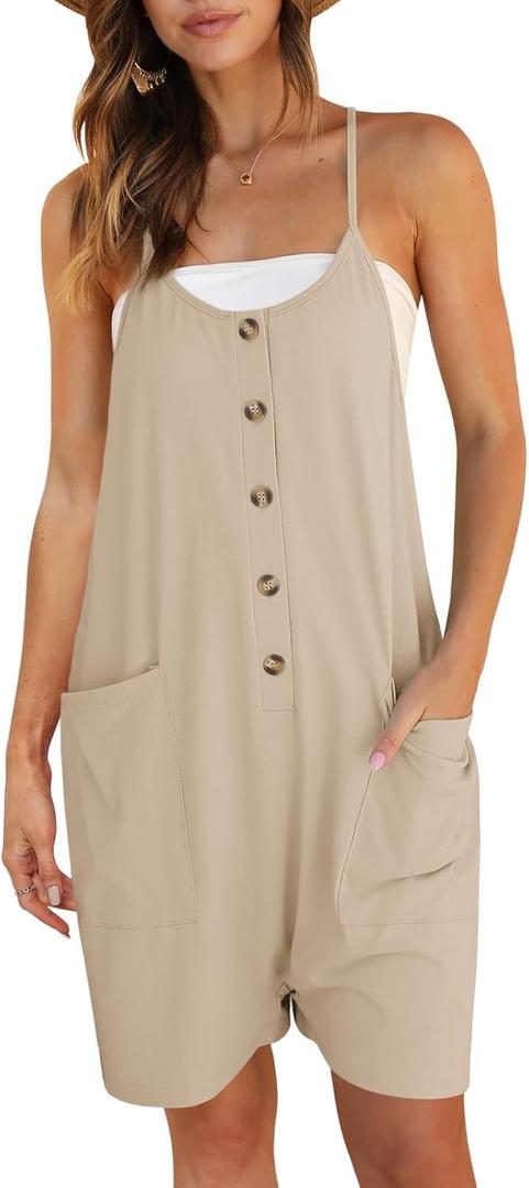 DEEP SELF Women Summer Romper Sleeveless Spaghetti Strap Button Down Wide Leg Shorts Casual Loose Jumpsuit with Pockets (Large, Beige)