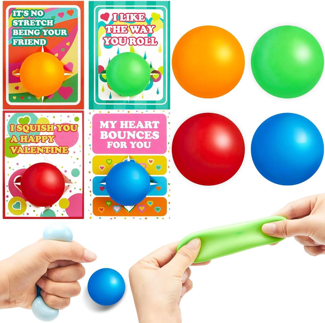 JOYIN 36 Pcs Valentine's Day Stretchy Stress Ball Set with Valentine Cards, Stress Relief Fidget Squishy Toys in 4 Colors for Kids Classroom Exchange Prizes, Party Favor