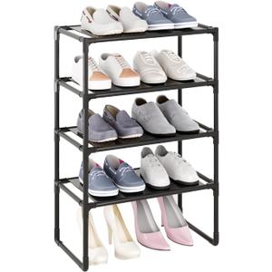 5-Tier Small Shoe Rack for Closet and Entryway, Narrow Shoe Shelf Organizer,Stackble Shoe Stand,Non-Woven Fabric Metal Free Standing Shoe Racks (Black, 18" W x 9.9" D x 28.6" H)