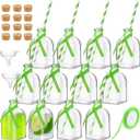 Baderke 12 Pcs Glass Bottles with Cork and Straw 4 oz Mini Empty Glass Bottle for Drinks Reusable Liquor Bottles with Silk Ribbon and Funnels for Cocktail, Wedding Party(Green)