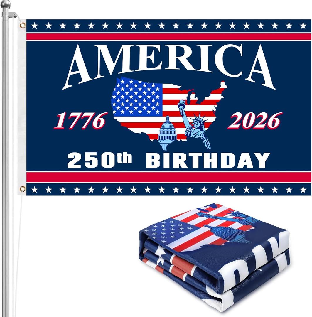 4th of July Decorations - 3x5 Ft Double Sided 3 Layers 250th Anniversary Flag - Fourth of July Independence Day Patriotic Red White and Blue 250th Anniversary American Flag Decor for Indoor Outdoor