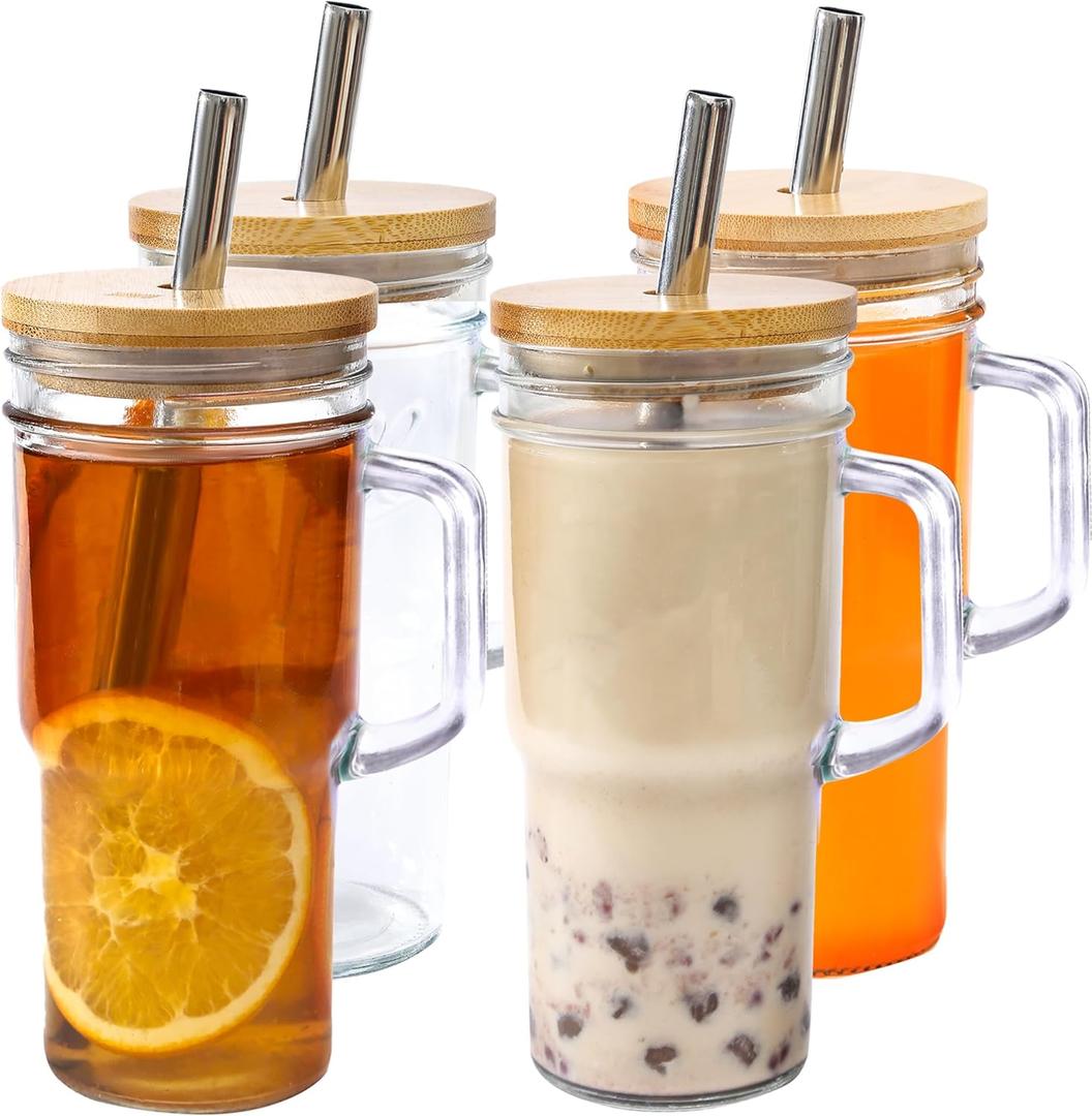 24oz Glass Cups with Lids and Straws - Glass Tumbler cup with bamboo lids and straw iced coffee cup (4pack)