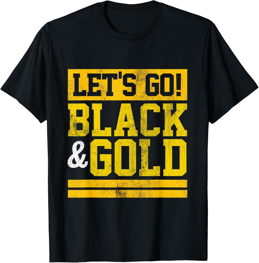 Let's Go Black & Gold Team Favorite Colors Vintage Game Day T-Shirt (Black, M)