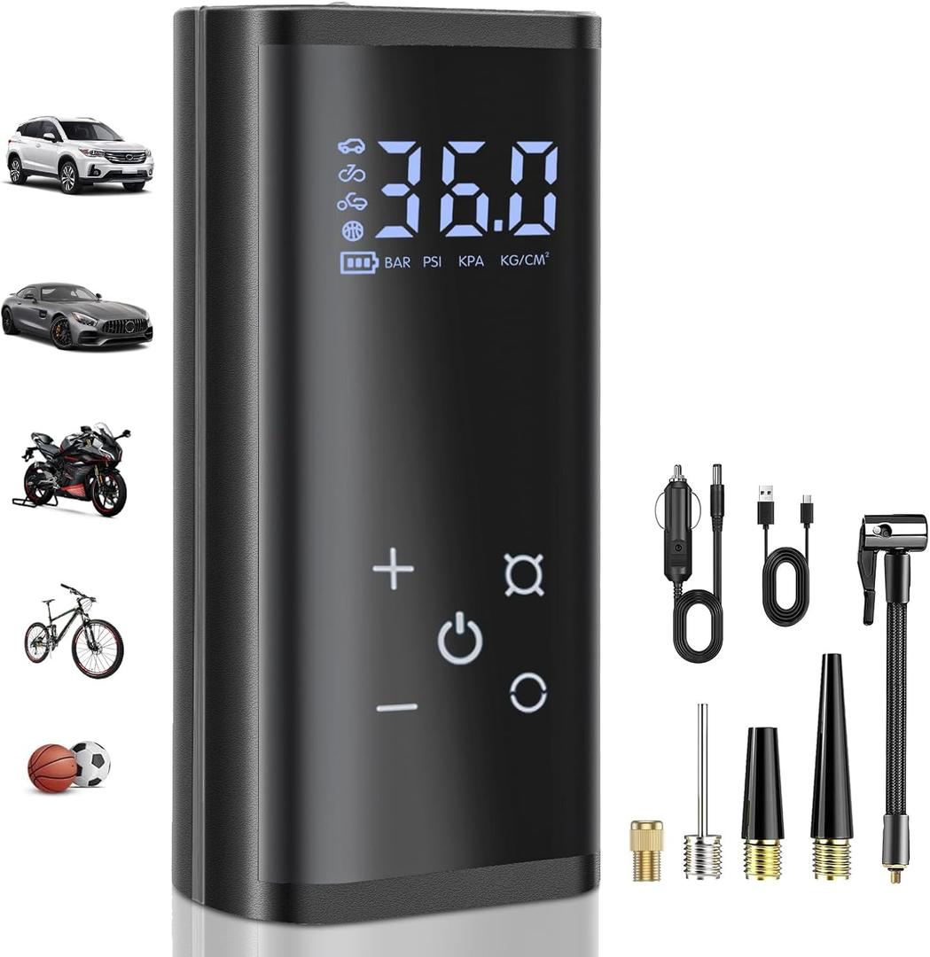 YUGUANG Tire Inflator Portable Air Compressor, Cordless Faster 150 PSI Air Pump for Car Tires Touch Screen Auto Shut-Off Electric Tire Pump for Car Bike Motorcycle Balls (Black)