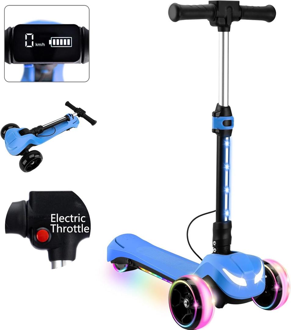 24V Electric Scooter for Kids w/150W Powerful Motor, Thumb Throttle, LCD Screen, Bluetooth, Light-Up Stem Deck & Wheels, 3 Adjustable Heights, 5MPH Safe Speed, 3 Wheel Electric Scooter for Kids