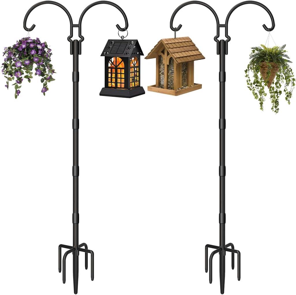 Adjustable Double Shepherds Hooks for Outdoor with Sleeve, 92 Inch Heavy Duty Bird Feeder Pole Stand with 5 Prong Base for Hanging Plant, Hummingbird Feeders, Solar Lantern, Wind Chime, 2 Pcs