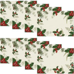 Artoid Mode Holly Pine Cone Christmas Placemats Set of 8, 12x18 Inch Seasonal Winter Table Mats for Party Kitchen Dining Decoration (Red/Green)