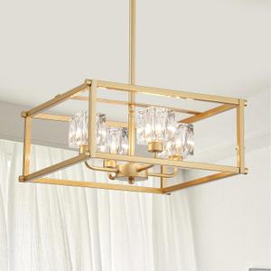 Modern Gold 4-Light Farmhouse Chandelier 15.7" Square Pendant Lighting Fixture Adjustable Height Ceiling Light for Kitchen Living Room Dining Room Hallway Bedroom Foyer