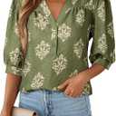 Dokotoo 3/4 Length Sleeve Womens Tops Dressy Casual Blouses V Neck Button Down Shirts Business Casual Outfits Printed. Dress Shirt Short Sleeve Boho Green Tops Small