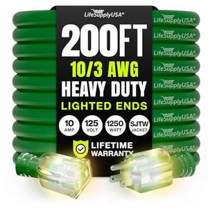 200ft Outdoor/Indoor Extension Cord 10/3 Gauge Ultra Heavy Duty 3 Prong SJTW, Waterproof, Flexible Cold-Resistant Long Power Cord,10A 125V 1250W, Green by LifeSupplyUSA