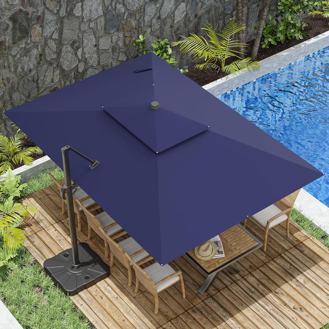 10x13FT Cantilever Outdoor Patio Umbrellas, Double Top Large Rectangle Umbrella, Heavy Duty 360 Rotation Offset Outdoor Sun Shade Umbrella for Garden Deck Pool Backyard Patio, Navy Blue