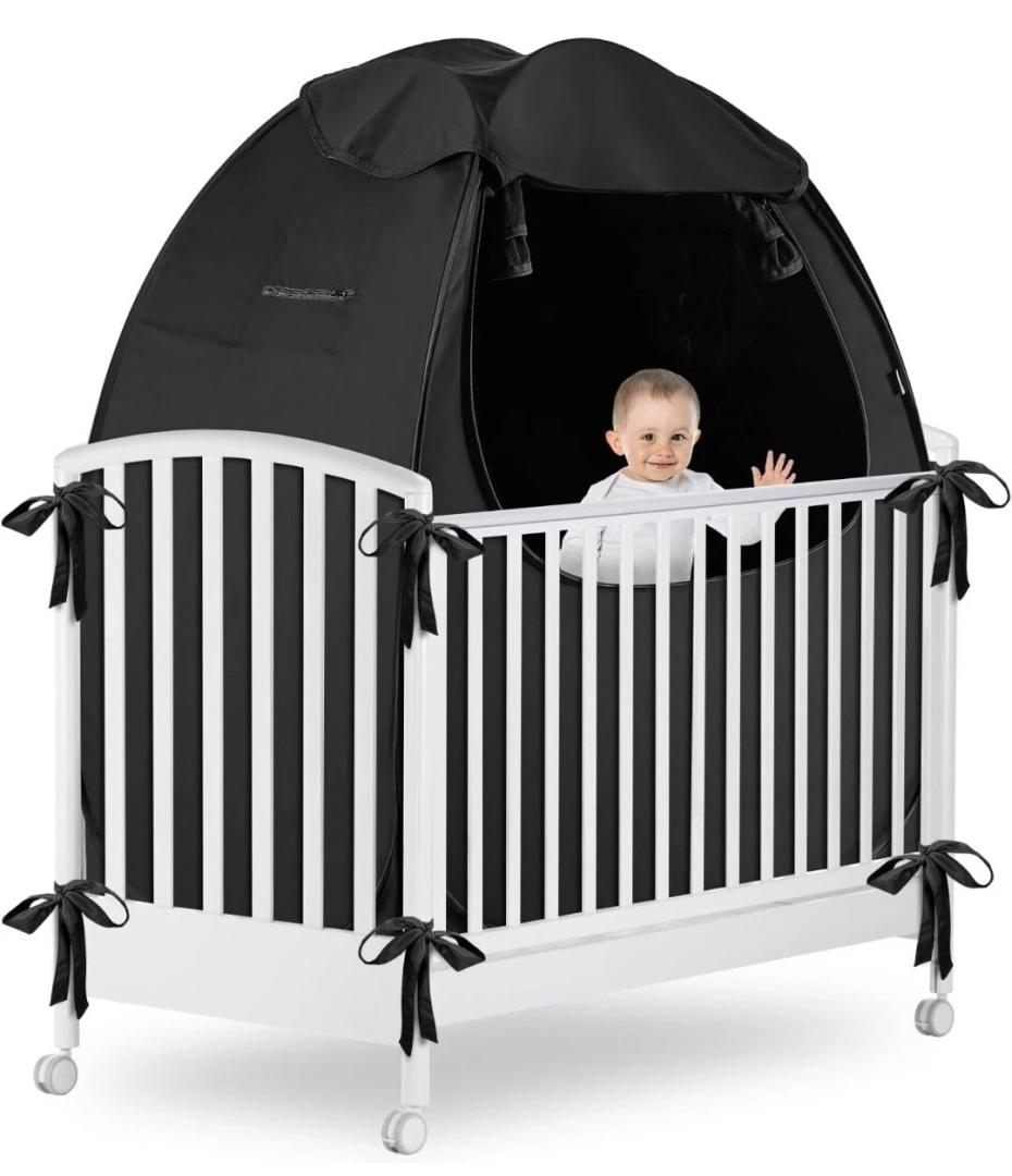 Crib Blackout Tent for Pack N Play, Pop Up Travel Crib Blackout Cover Canopy, Breathable Baby Sleep Pod with Safe Bottom Design, Blocks 70% Light
