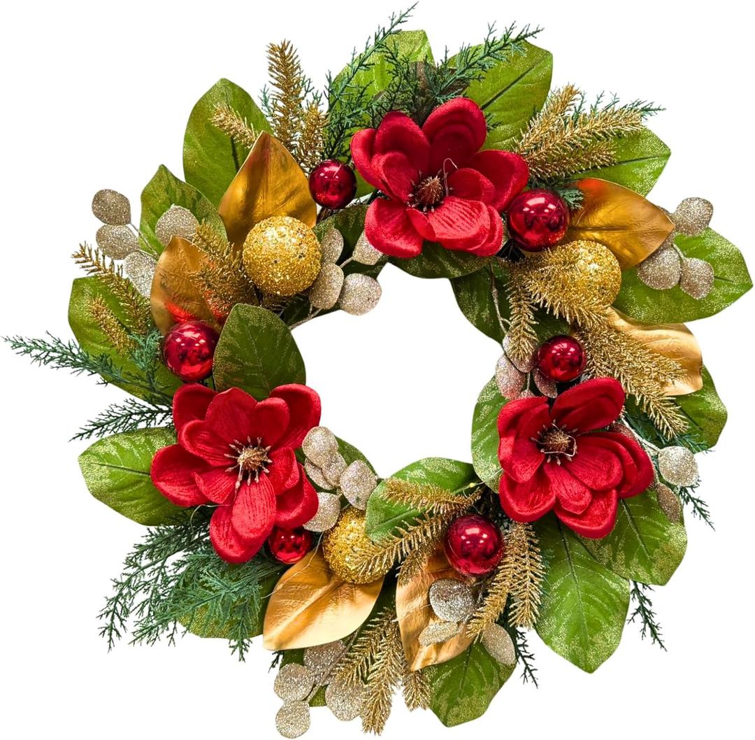 Lnymura 22 Inch Lighted Christmas Wreath Xmas Magnolias Wreath for Front Door with Timer Magnolia Flowers Glitter Ball Ornaments Pine Needles for Indoor Outdoor Home Wall Window Holiday Decor