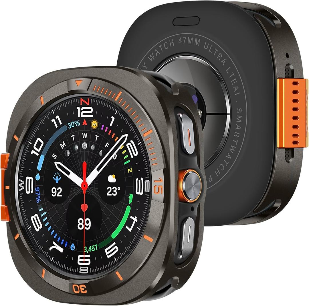Amizee Metal Case Compatible with Samsung Galaxy Watch Ultra Case (2025/2024) 47mm with Back Cover, Rugged Protective Bumper Cover for Galaxy Watch 7/8 Ultra, Graphite/Orange