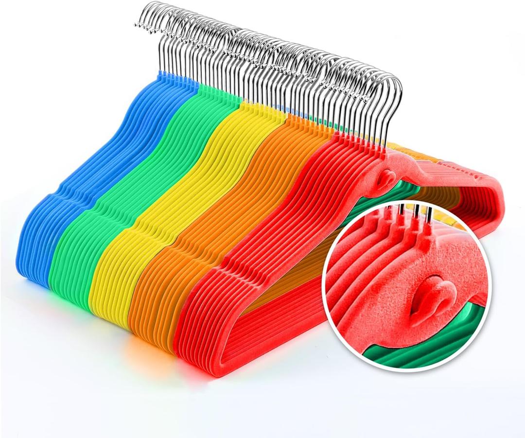 Multi-Color Premium Velvet Hangers with Mini Hooks, Pack of 50, Non Slip, Space Saving Cascading Clothes Hangers, Rainbow Colors, Red, Orange, Yellow, Green, Blue, Adult