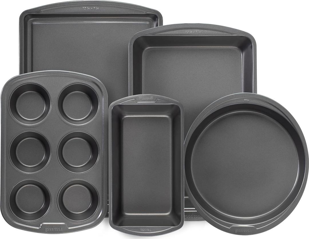 GoodCook Everyday Nonstick Steel 5-Piece Bakeware Set, Gray, Includes Cookie Sheet, Cake Pan, Loaf Pan, Muffin Pan, and Roast Pan, Durable and Scratch-Resistant Baking Set