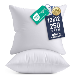 12 x 12 in Throw Pillow Inserts, Set of 2, Firm and Fluffy Decorative Down Alternative Pillows with Polyester Fiber, Square White Cushion , for Indoor Bed Couch Sofa and Living Room