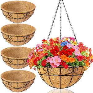 4 Pack 13.5 Inch Hanging Baskets for Plants Outdoor - Metal Hanging Planters for Outdoor Plants with Coco Liners - Heavy Duty Empty Hanging Flower Pots for Porch Patio Garden