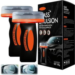 2Pcs Glass Oil Film Remover for Car, New Oil Film Cleaning Glass Emulsion for Car Windows, Automotive OilFilm Cleaning Remover, Improves Visibility & Safe Driving (Emulsion + Brush Board,100g)