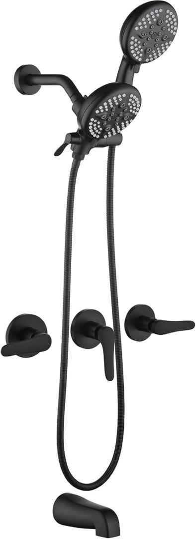 3 Handle Tub Shower Faucet Set Shower System with Tub Spout Bathtub Faucet Set Shower Tub Combo Set Complete Tub and Shower Trim Kit Matte Black