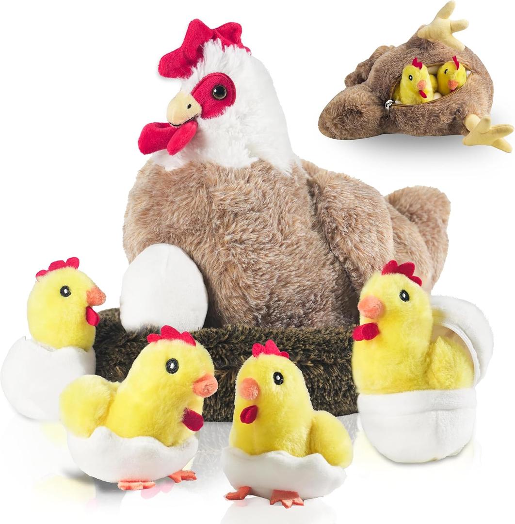 9 in 1 Chicken Stuffed Animal, Stuffed Chicken Toys for Kids Zippered Egg Laying Hen Plush with Baby Chicks, Eggs and Coop for Easter Christmas Birthday Gifts Farm Party Decors