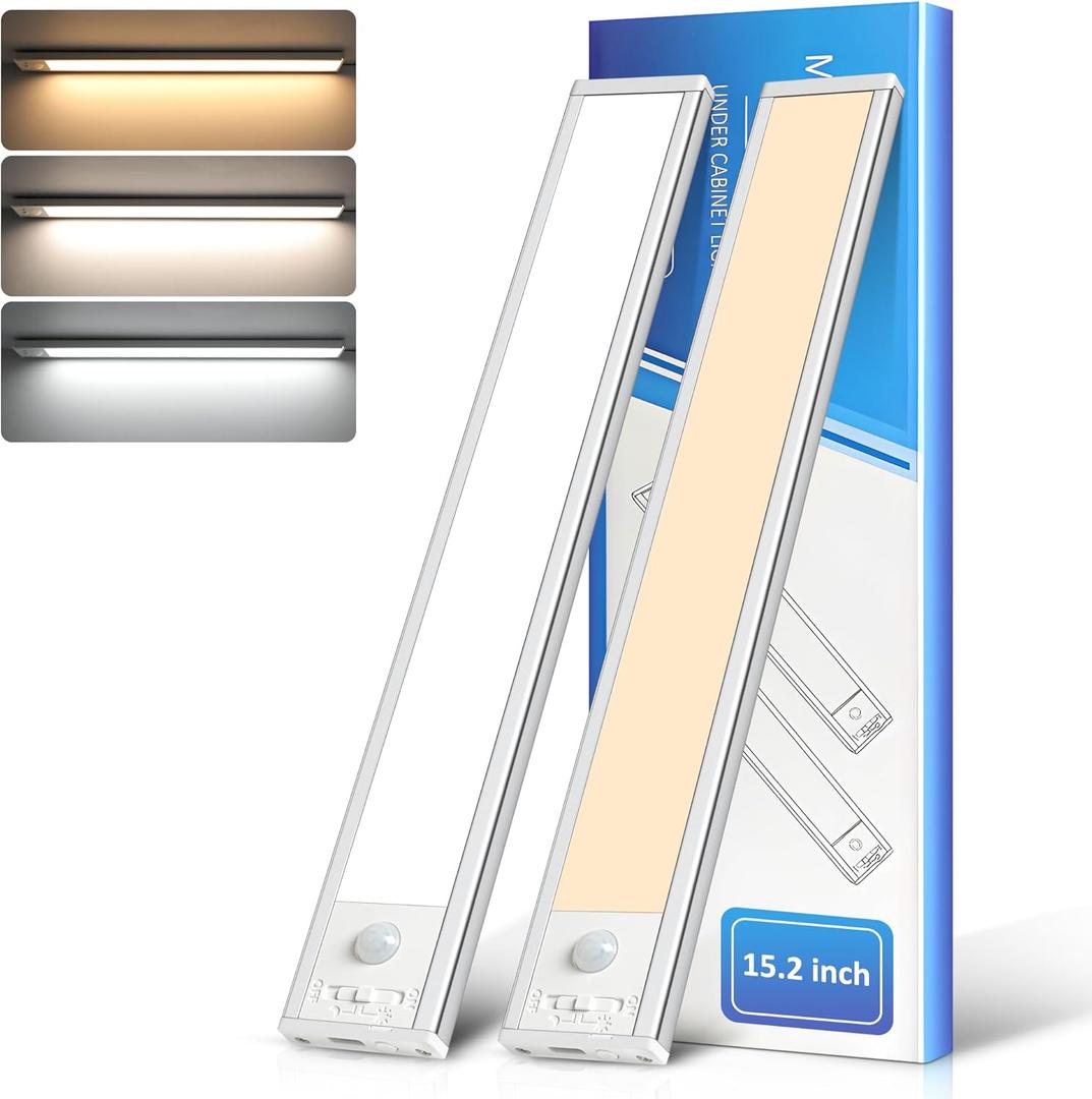 Ascher 15.2inch Under Cabinet Lights, 3000mAh Rechargeable Motion Sensor Light indoor, 3 Color Temperatures & Stepless Dimmable Closet Lights, Magnetic Under Counter Light for Kitchen, Silver - 2 Pack