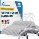 Lifemaster Velvet Skirt Hangers  with Adjustable Clips, 360 Degree Swivel Hook, and Non-Slip Shoulder Notch, Holds Up to 10 lbs, for Organizing Skirt, Pants, Dress, and Clothes, Pack of 10, White