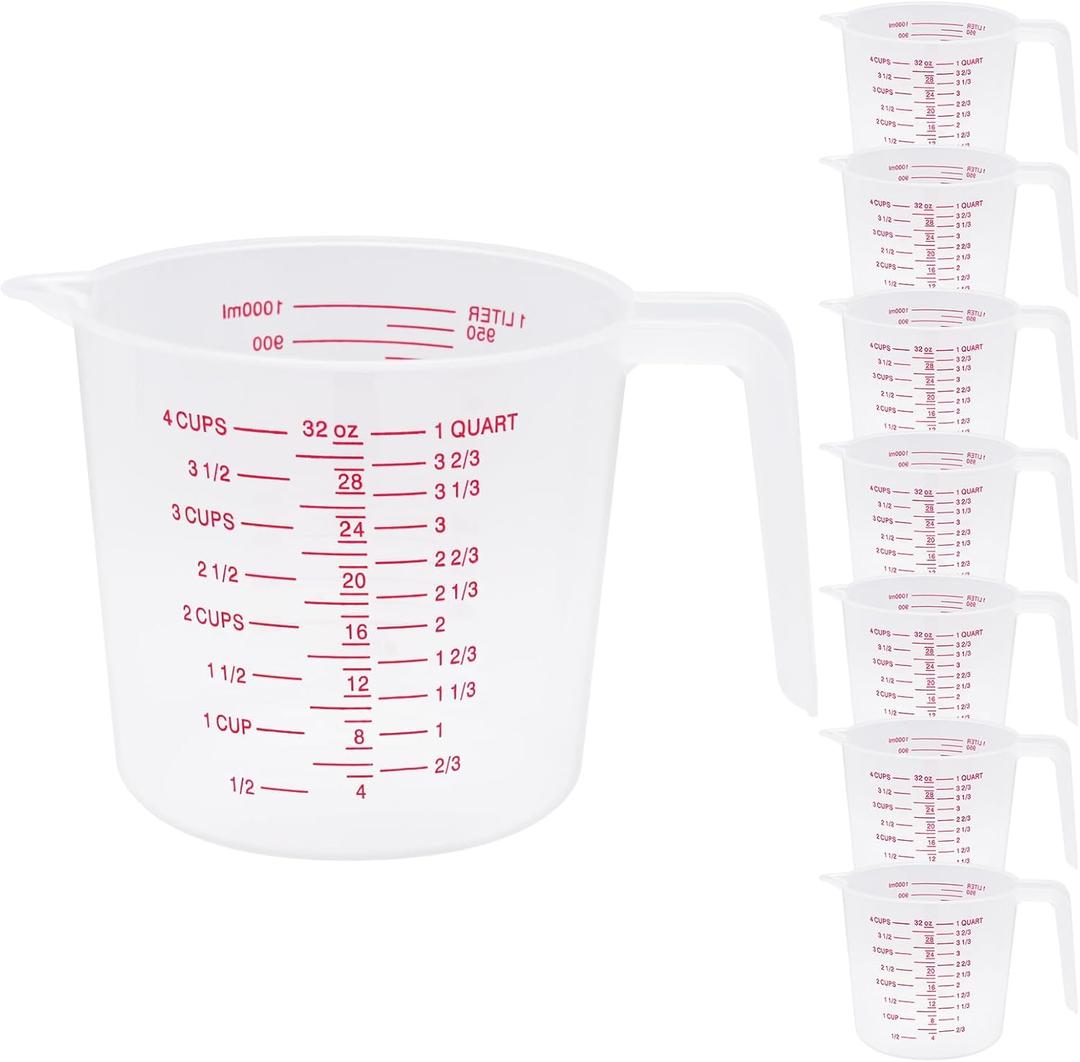 8 Pcs 4 Cup Capacity Plastic Measuring Cup, 32 Oz/1000 ml Clear Graduated Measuring Cups Plastic Mug with Spout and Handles Ounce and Ml Cup Marking for Recipe Ingredient, Flour, Water, Liquid