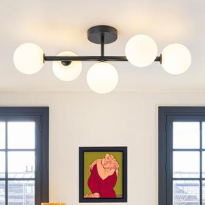 EDISLIVE 5-Light Semi Flush Mount Glass Ceiling Light Frosted Globe, 26.4 in Modern Sputnik Light Fixture Chandeliers with Milk Glass Shade Black Finished