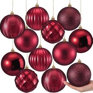 Syhood 12 Pcs 4 Inch Large Christmas Ball Ornament Christmas Tree Decoration Plastic Ornament Set Hanging Xmas Tree Ball for Xmas Holiday Wedding Party(Burgundy)
