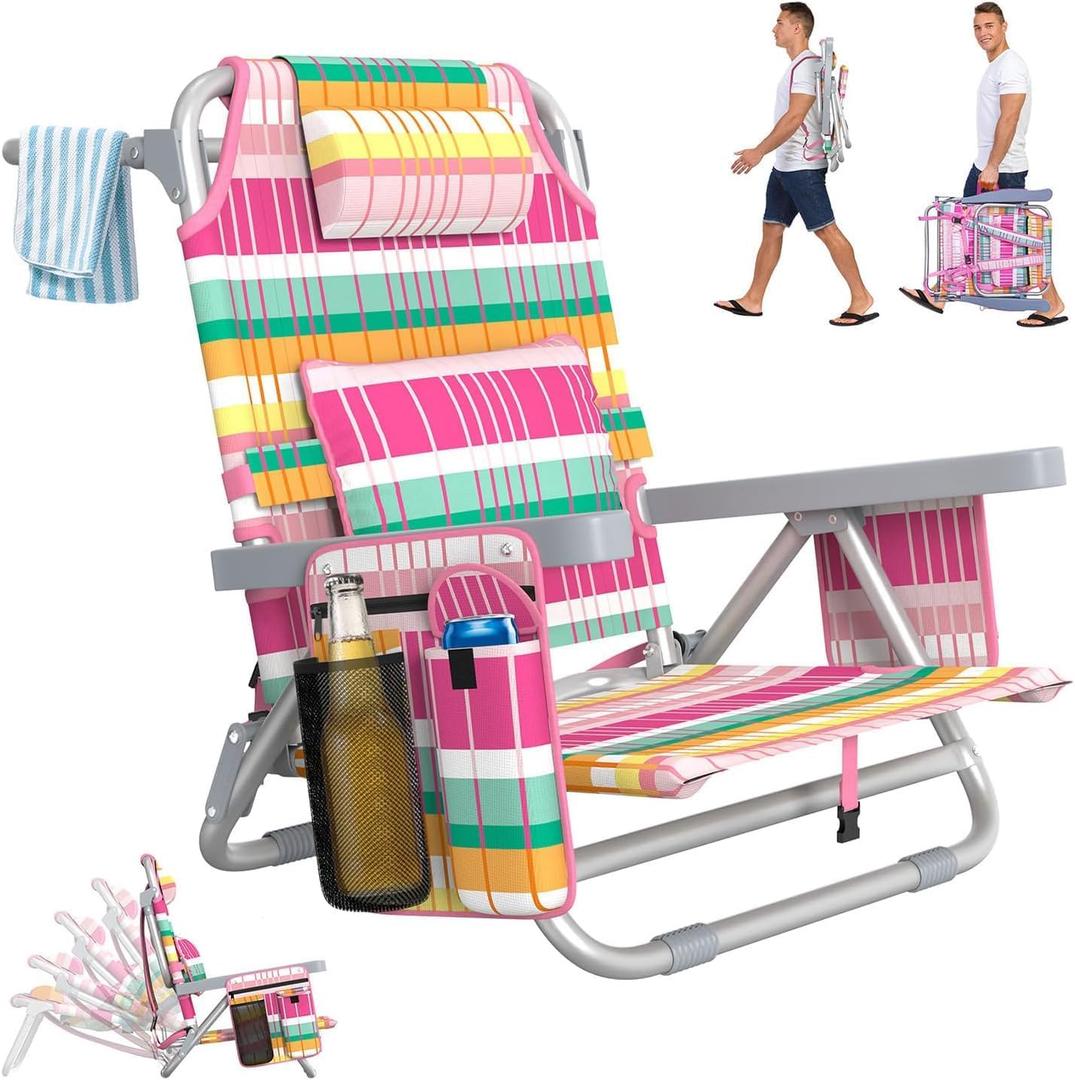 Suteck Beach Chair, Adjustable 5-Position Backpack Beach Chairs for Adults Kids, Foldable Lay Flat Chair with Cooler Bag, Cup Holder and Lumbar Pillow, Reclining Lay Down Chairs (1, Rainbow Pink), Oversized