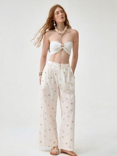 Women's Beige Floral Wide-Leg Pants - High-Waisted Pleated Summer Trousers, M
