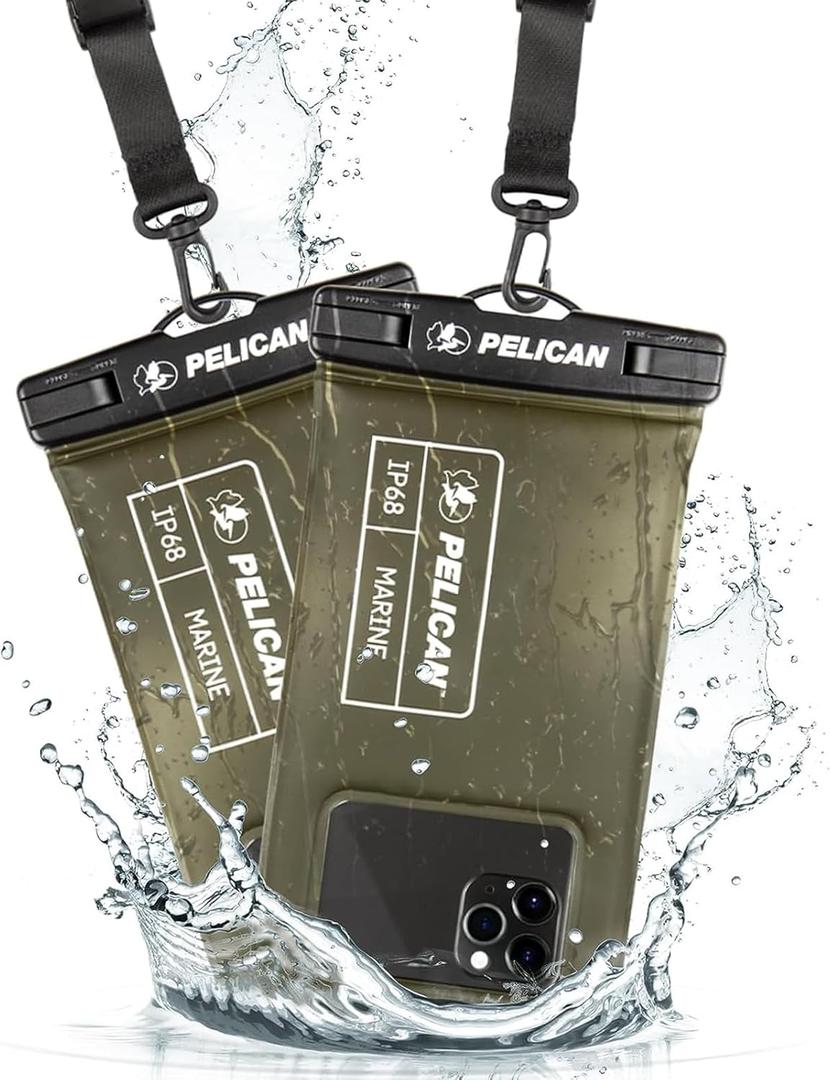 Pelican 2 Pack Marine - IP68 Waterproof Phone Pouch (Regular Size) Floating Waterproof Phone Case - Beach Cruise Ship Travel Essentials - Works with All Phones - Detachable Lanyard - OD Green