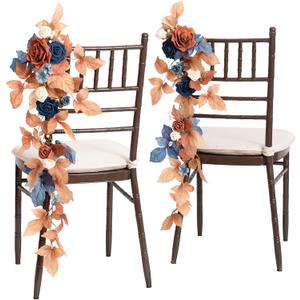 Ling's Moment Fall 10pcs Wedding Chair Decorations Aisle Floral Swag Artificial Pew Flowers Hanging Garland Terracotta Burnt Orange & Navy Blue for Ceremony Reception Church Rose Floral Party Outdoor, Russet Orange & Denim Blue