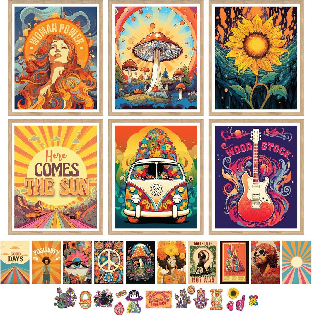 97 Decor Hippie Room Decor for Bedroom Aesthetic - Hippy Retro Room Decoration, Hippie Wall Decorations, Hippy Posters, Vintage 60s 70s Decoration Poster, Groovy Decorations Home, Boho Indie Trippy Dorm (8x10 Unframed) (Hippie and Stickers)