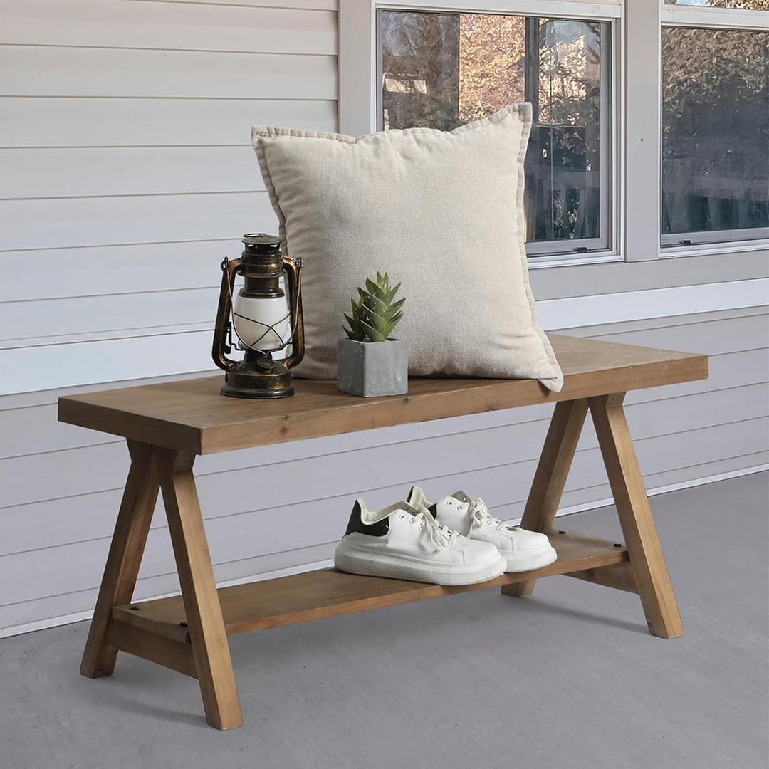 RowyPoey Solid Wood Bench, 43" Farmhouse Entryway Bench for Living Dining Room, Rustic Storage Bench Seat for Indoors, Natural