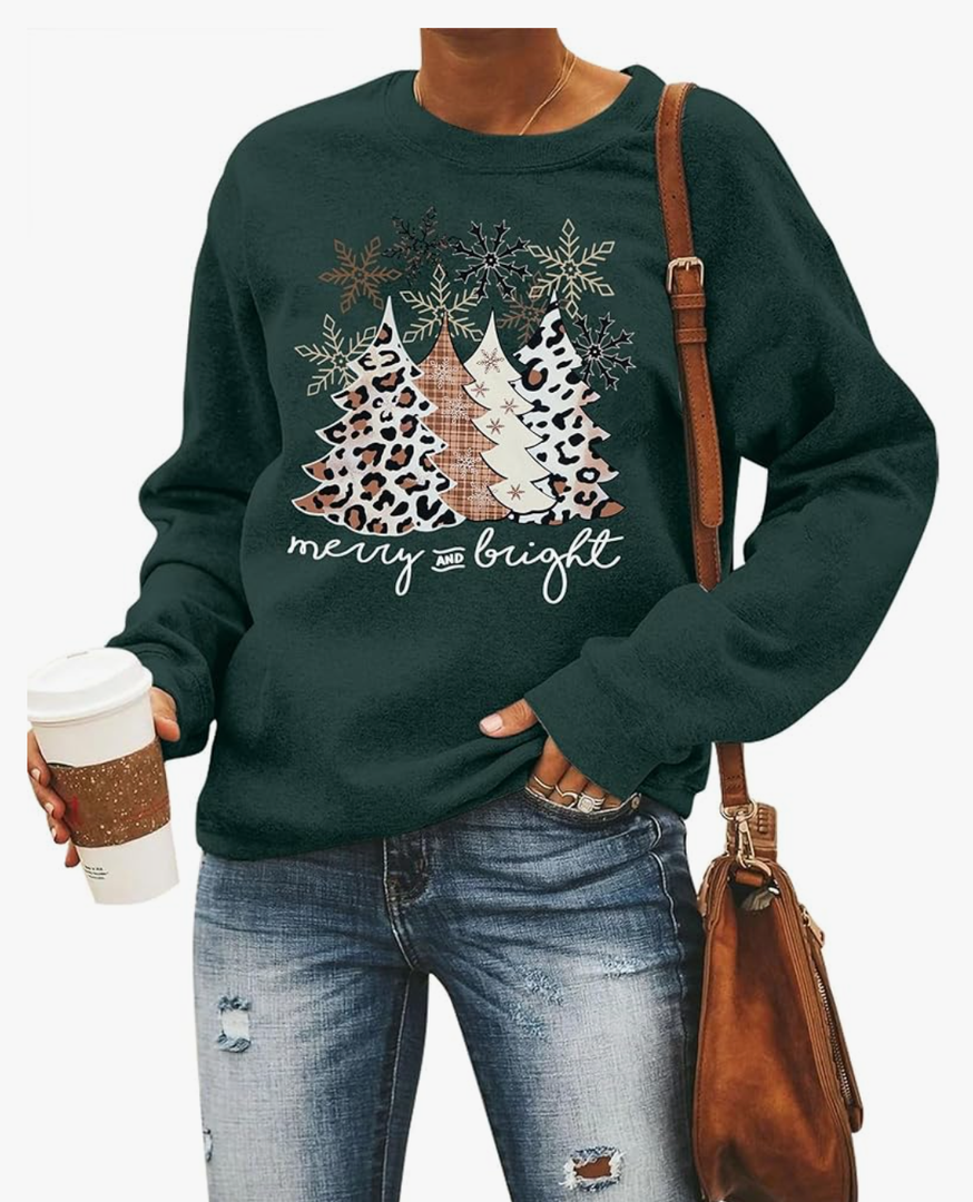 Christmas Sweatshirt Women Merry and Bright Christmas T-Shirt Funny Xmas Lights Blouse Tops Holiday Shirts Size S