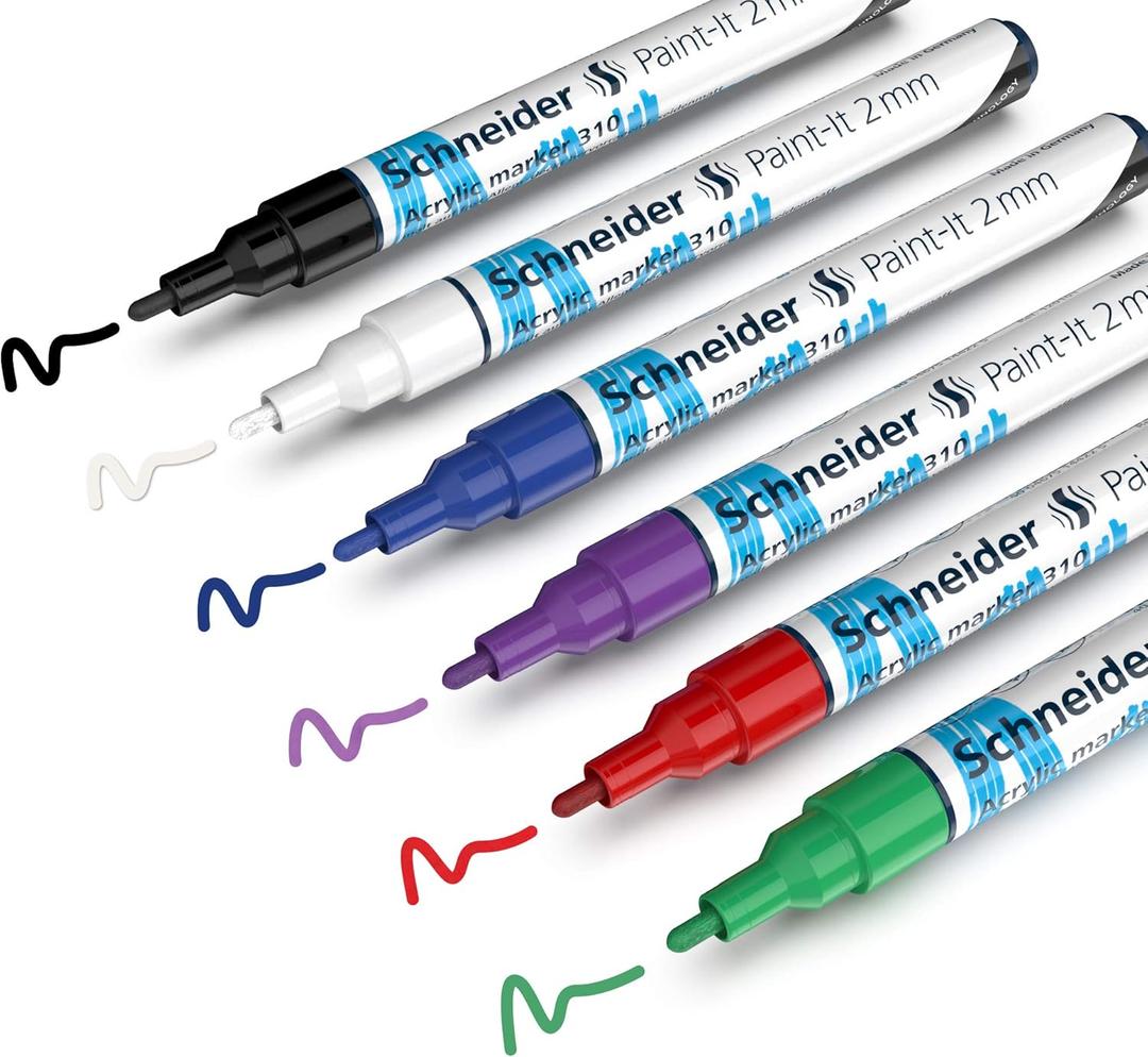 Schneider Paint-It 310 Acrylic Marker Set, 2 mm Round Tip, High Coverage, Brilliant Colors, For Most Surfaces, 6 Pieces