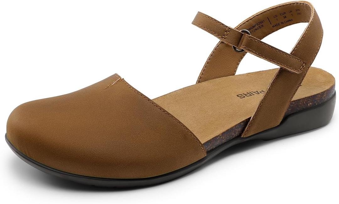 DREAM PAIRS Women's Closed Toe Sandals Arch Support Comfort Cork Footbed Flat Sandals Summer Shoes (11, Brown)