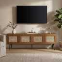 NTC Mossic TV Media Cabinet with 4 Doors for TVs, Entertainment Center with Natural Rattan, Metal Legs, Modern Storage Console for Living Room and Bedroom, Effortless Assembly, Teak Look, Large