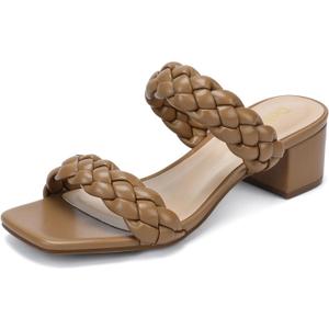 Wide Width Chunky Heels for Women Braided Dressy Sandals Square Open Toe Summer Shoes (Khaki)