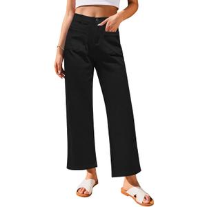 GRAPENT Wide Leg Jeans for Women High Waisted Straight Leg Stretchy Cropped Denim Pants with Pockets Jean Trousers (Large, True Black)