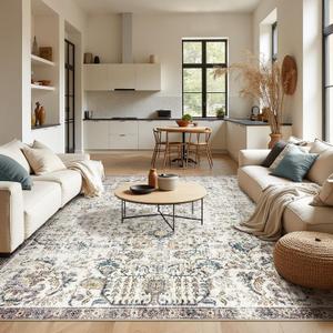 Jinchan Kalen Area Rug 9x12 Washable Living Room Rug Vintage Indoor Large Floor Cover Retro Accent Mat Distressed Floral Country Boho Non Slip Thin Carpet for Bedroom Dining Room Office Blue Multi