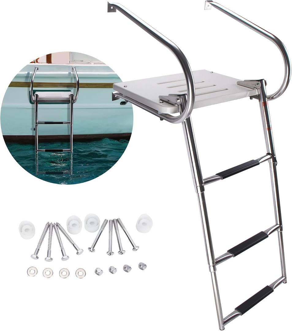 3-Step Boat Ladder with Swim Platform,Stainless Steel Dock Ladder with ABS Swim Platform 2 Handrails,500LBS Telescopic Boarding Ladder Dive Ladder for Pontoon Yacht