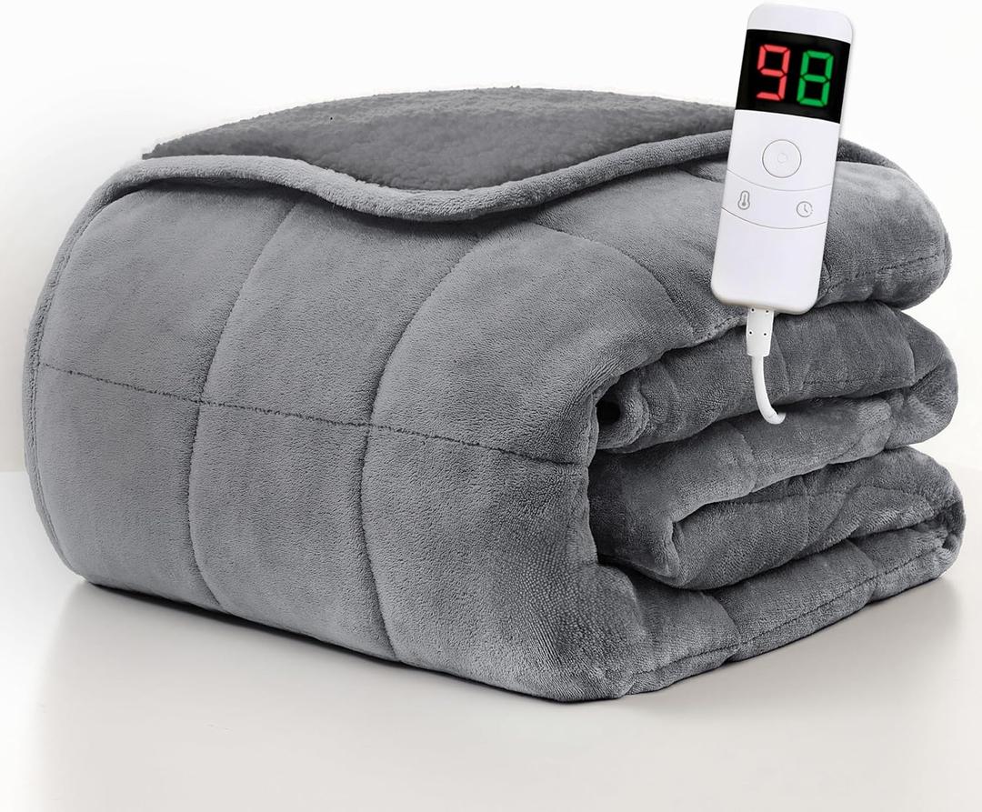 Homemate Heated Weighted Blanket for Adults - 50"x60" 12lbs Electric Throw Fast Heating Heavy Blanket 1/2/4/6/8 Hour Auto Off 10 Heat Levels Over-Heat Protection Comfortable Flannel Sherpa