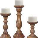 Mela Artisans Medium Polish Hand Carved Wooden Pillar Candle Holders - Set of 3 | Tuli Decorative Style | Crafted from Mango Wood | Rustic Table Centerpiece Decor | Sized 6", 9" and 12"