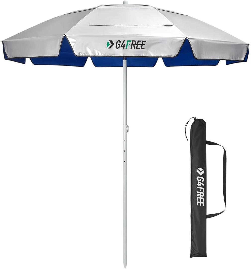 G4Free Heavy Duty Beach Umbrella for Sand, UPF 50+ UV Protection Sun Shelter Double Canopy with Air Vent and Push Button Tilt, 6.5 ft Portable Parasols with Carry Bag for Outdoor Patio Pool (Blue)