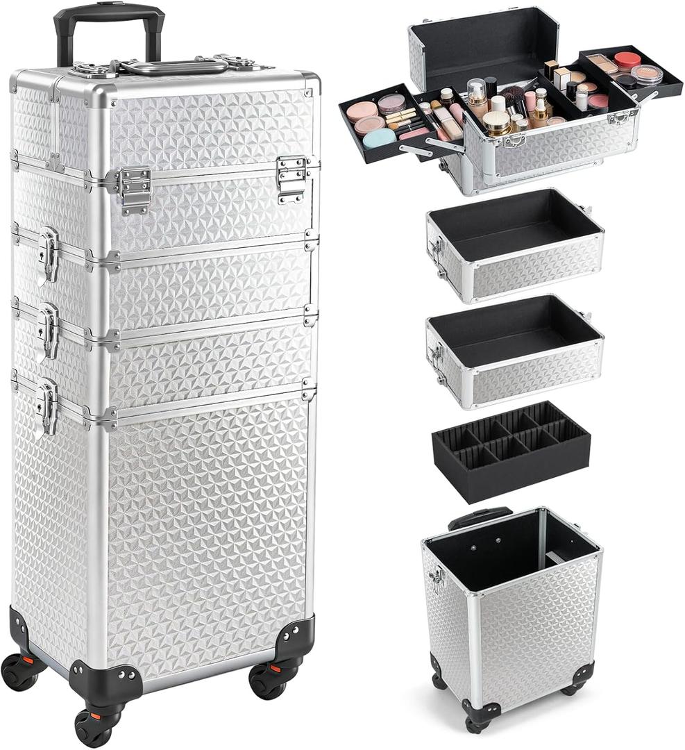 Rolling Makeup Case with Lid Portable Cosmetology Case on Wheels
4 in 1 Large Cosmetic Trolley Organizer Travel for Hairstylist Artist Nail Beauty Salon Barber Cart Trunk, Load
