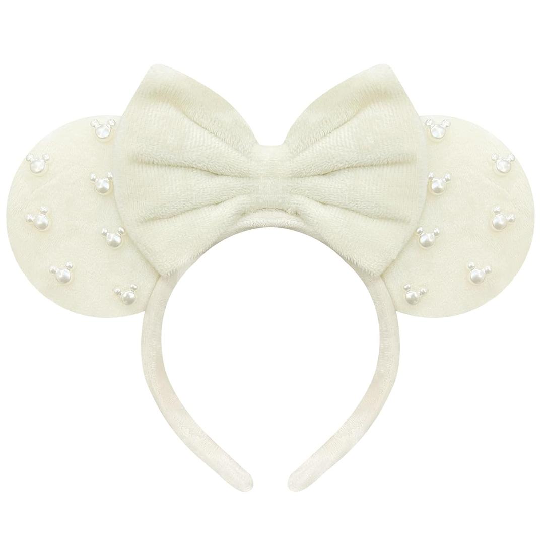 Trnerm Beige Fuzzy Mouse Ears Headband for Women, Cute Beads Headband with BowsHalloween Costume Accessory